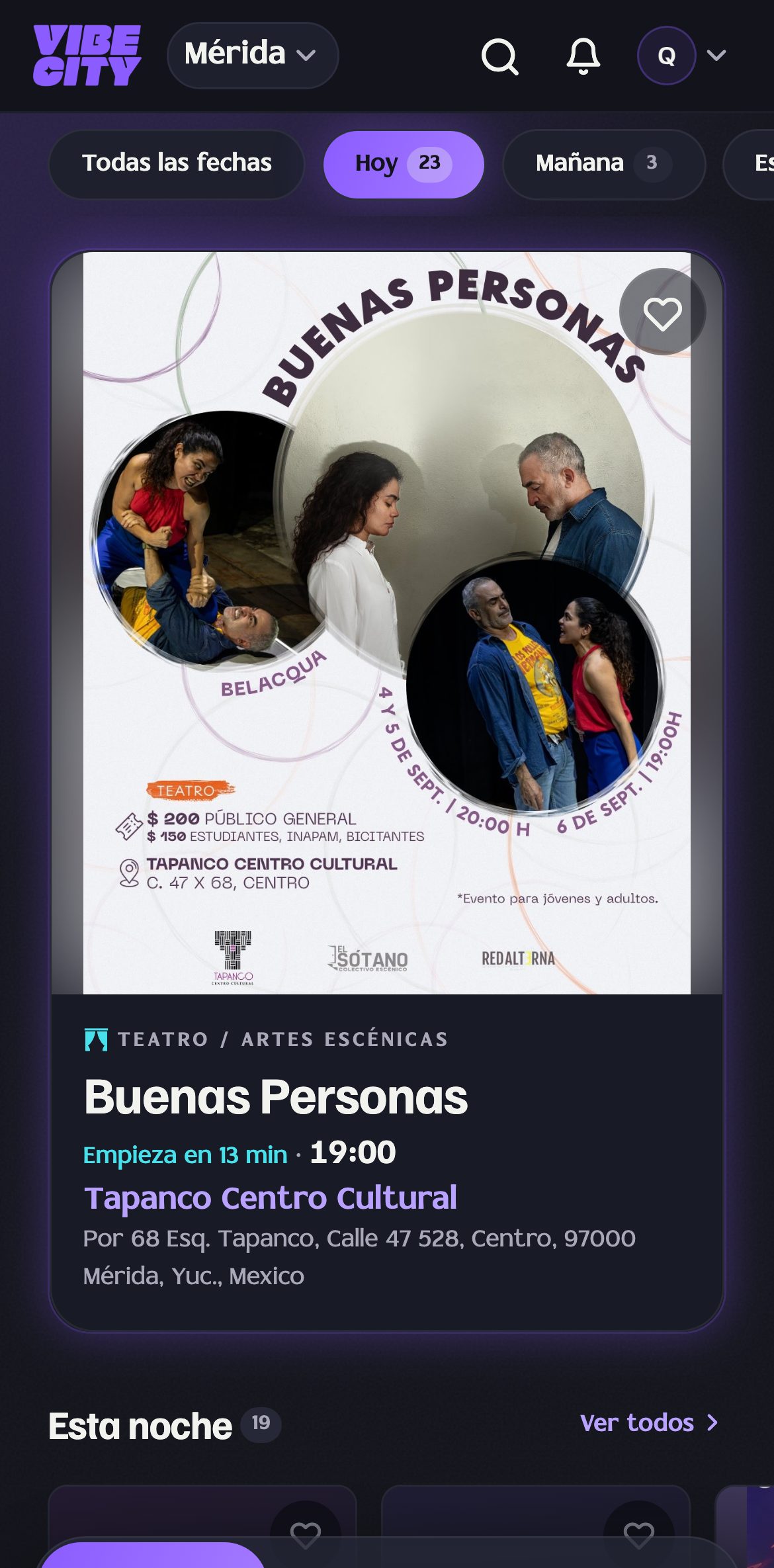 La ventana de Vibe City en un teléfono: Mérida, hoy, con el evento que empieza en unos minutos y la fila de esta noche.